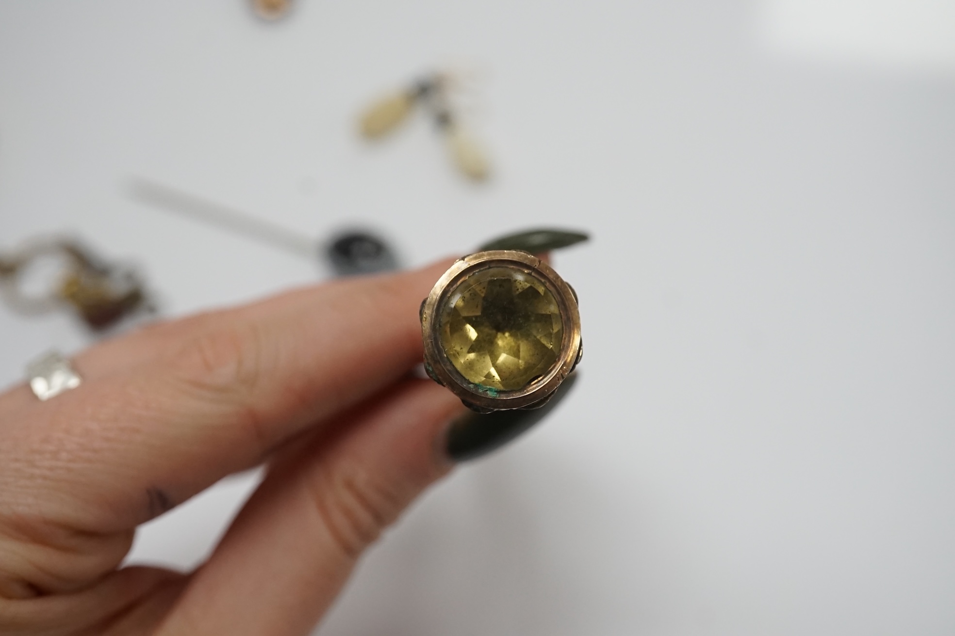 Assorted jewellery including a George V 9ct gold mounted cigar cutter, stick pin and propelling pencil and two gentleman's wrist watches, Tissot and Mickey Mouse. Condition - poor to fair